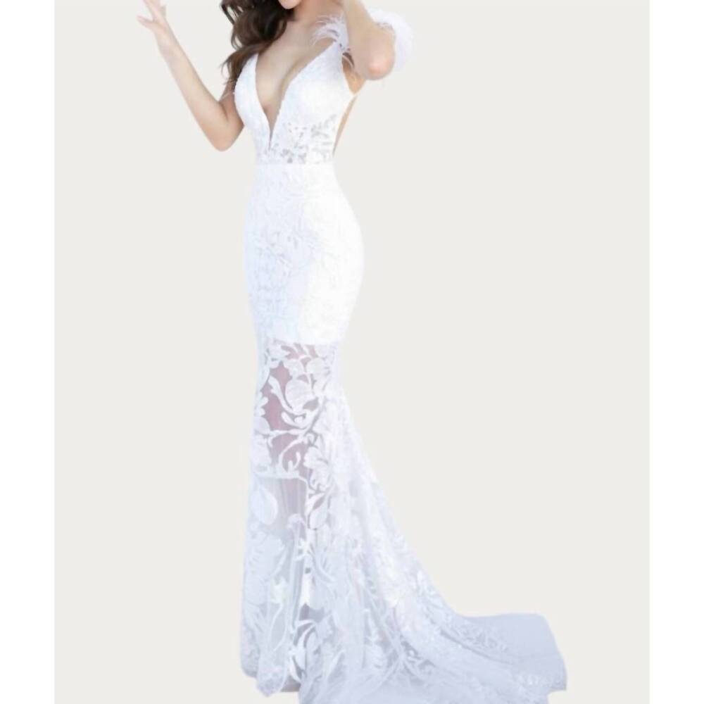 NEW JOVANI plunging neckline embellished dress in white